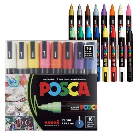 Uni POSCA PC-5M Water-Based Paint Markers, Medium Point (1.8-2.5mm), Assorted Colors, 16 Pack