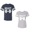 thumbnail image 1 of Old Beast Beauty Unisex Couple Matching Cotton Jersey style T-Shirt Contrasting stripes on sleeves (Men Navy / Women Heather) (Men S / Women S), 1 of 3