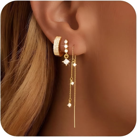 DESIGNICE Gold Plated Chain Earrings for Women, 3/4 Pairs Dangle Dainty Stack Hoop Earrings Set, Trendy Cubic Zirconia Stud Earrings for Women Jewelry