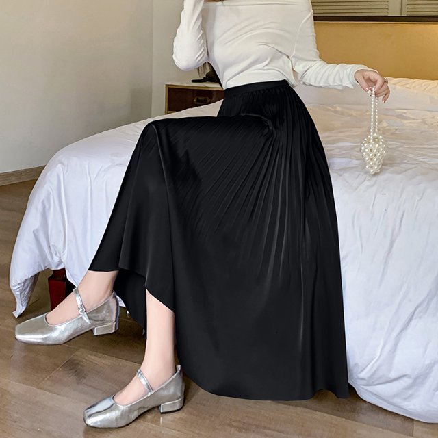 2025 New Satin Skirts Girls Pleated A Line Simple Basic Skirts Elastic Waist Long Skirt For Female