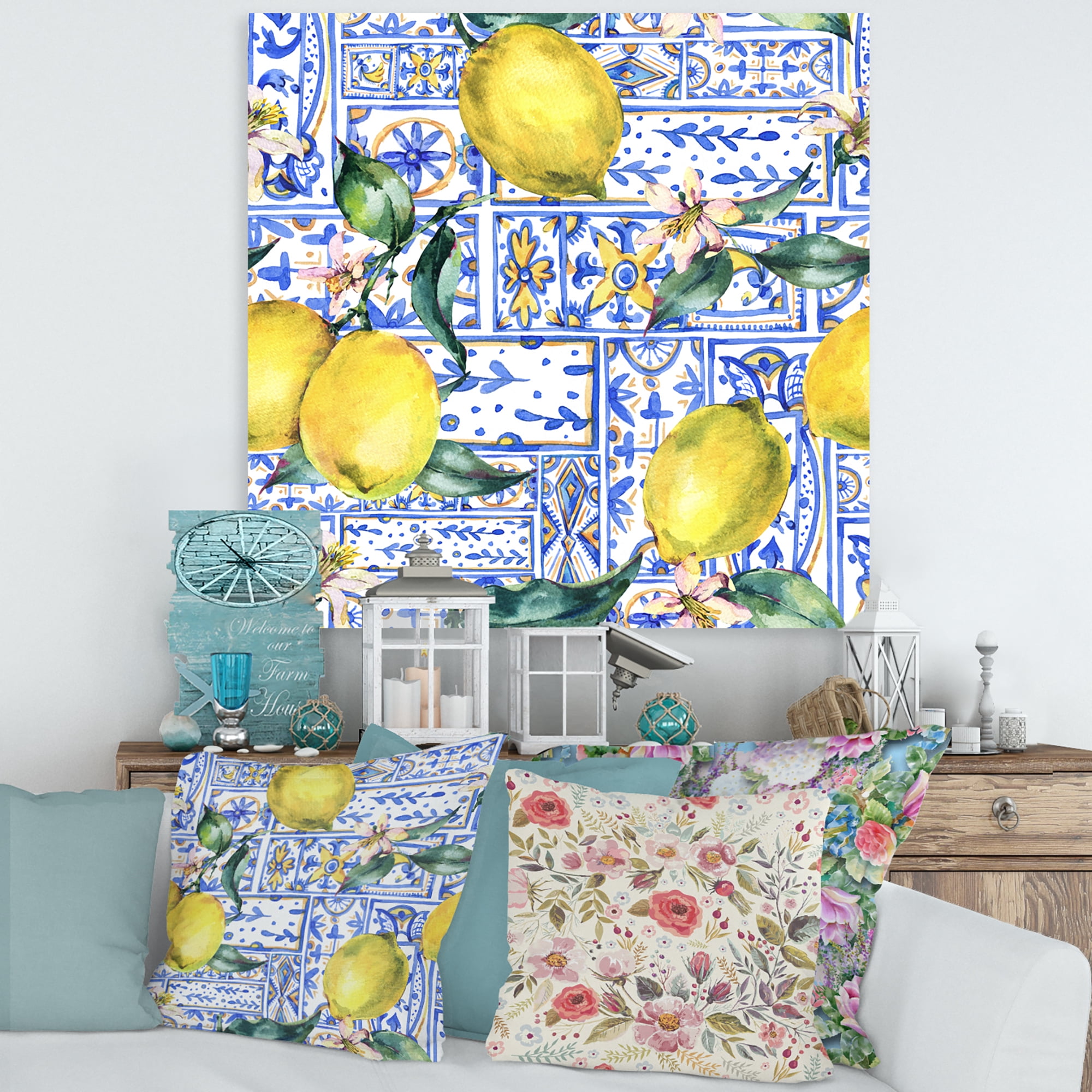 Designart ' Geometrical Pattern of Lemon Ornament On Blue I ' Tropical Canvas Wall Art Print