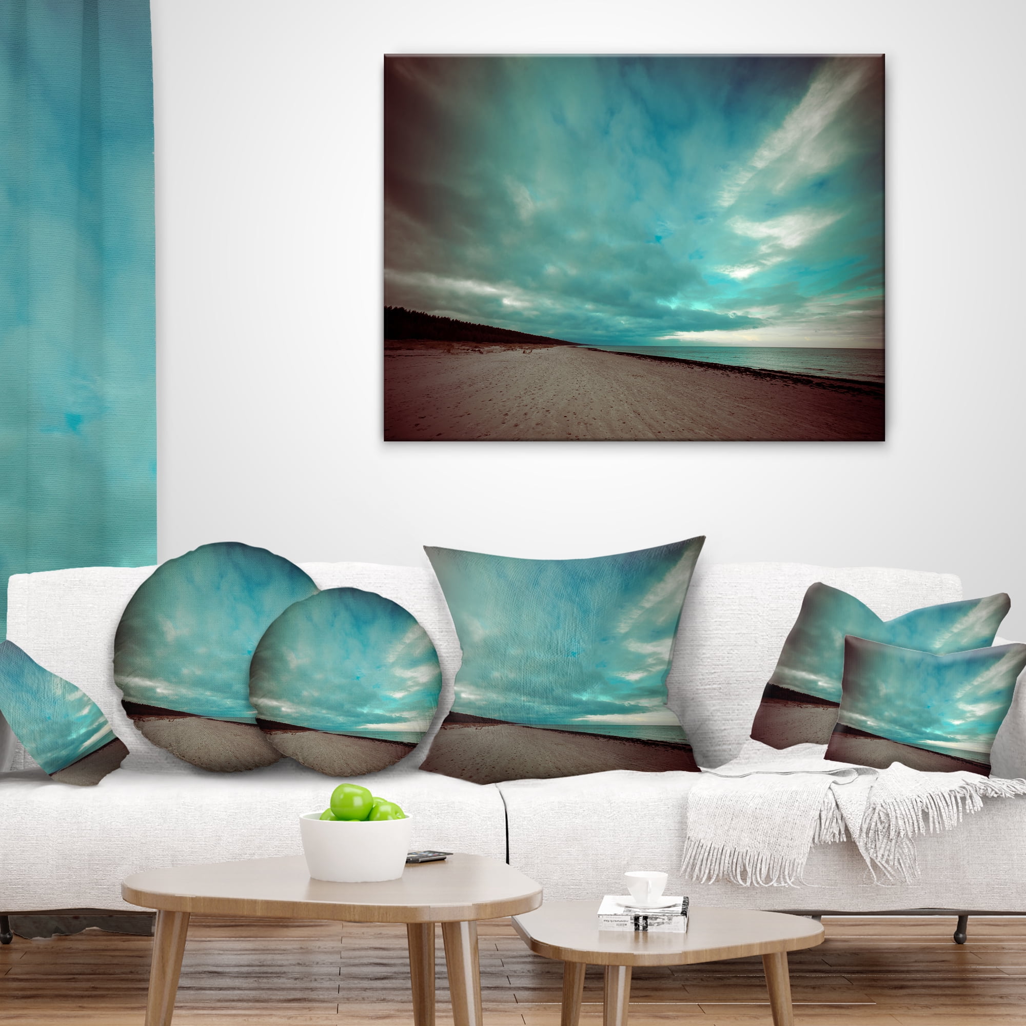 Designart Blue Baltic Beach in Fall with Clouds - Seashore Throw Pillow - 18x18