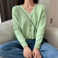 thumbnail image 3 of Women Knit Cardigan Long Sleeve Button Down V Neck Thin Jacket (Green), 3 of 8