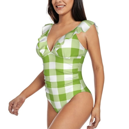 KLL White Green Plaid for Women s Ruffled One Piece Swimsuit Tummy Control Bathing Suit V Neck Swimwear