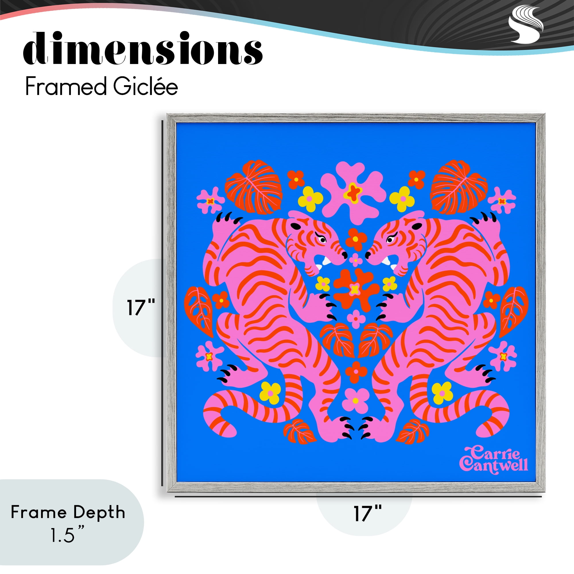 Stupell Industries Pink Tigers and Monstera Gray Framed Giclee Art, design by Carrie Cantwell