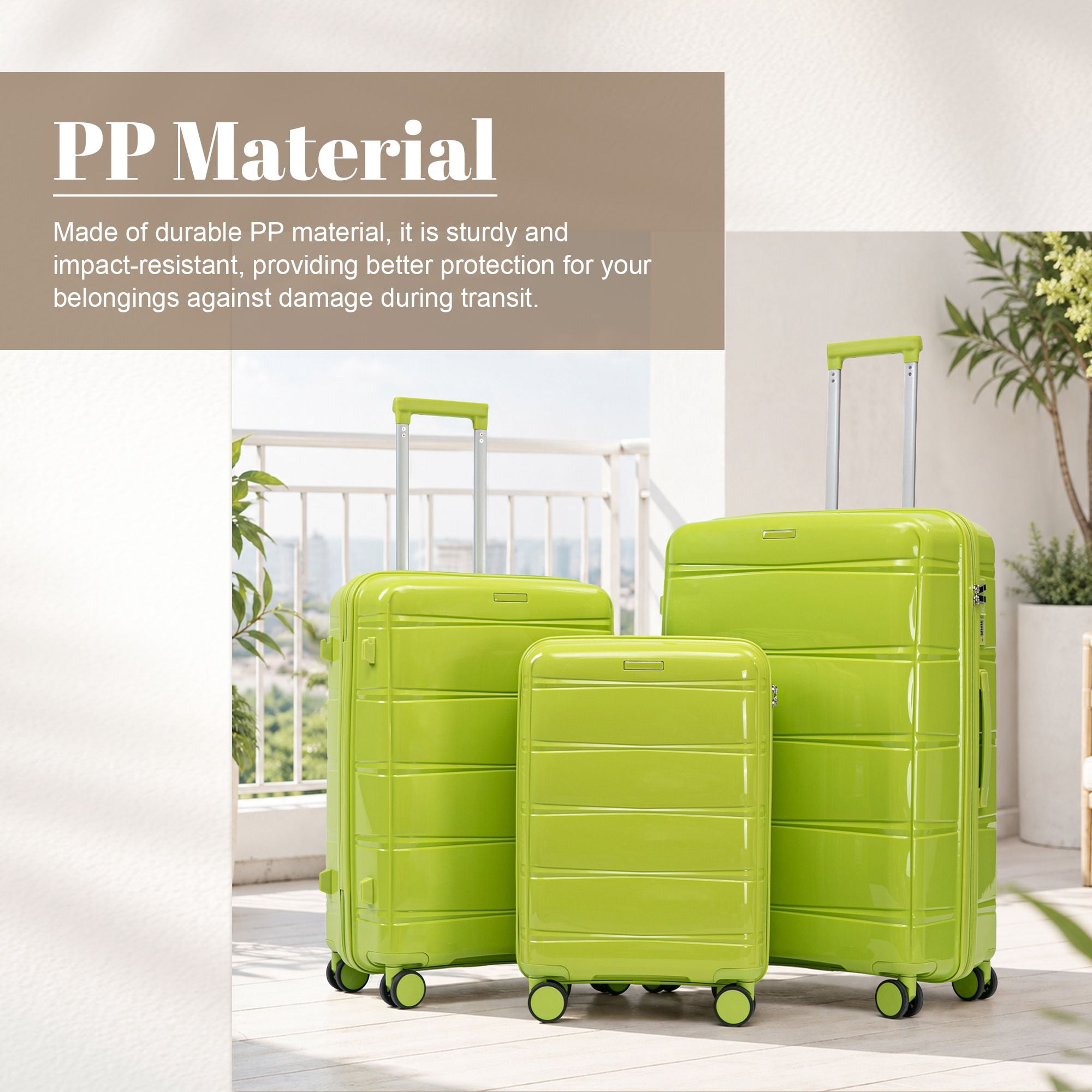 Alvantor 3 Piece Hardshell Luggage Set PP Hardside Suitcase with Iron Telescopic Handle Side Hook 20"24"28"(Green)