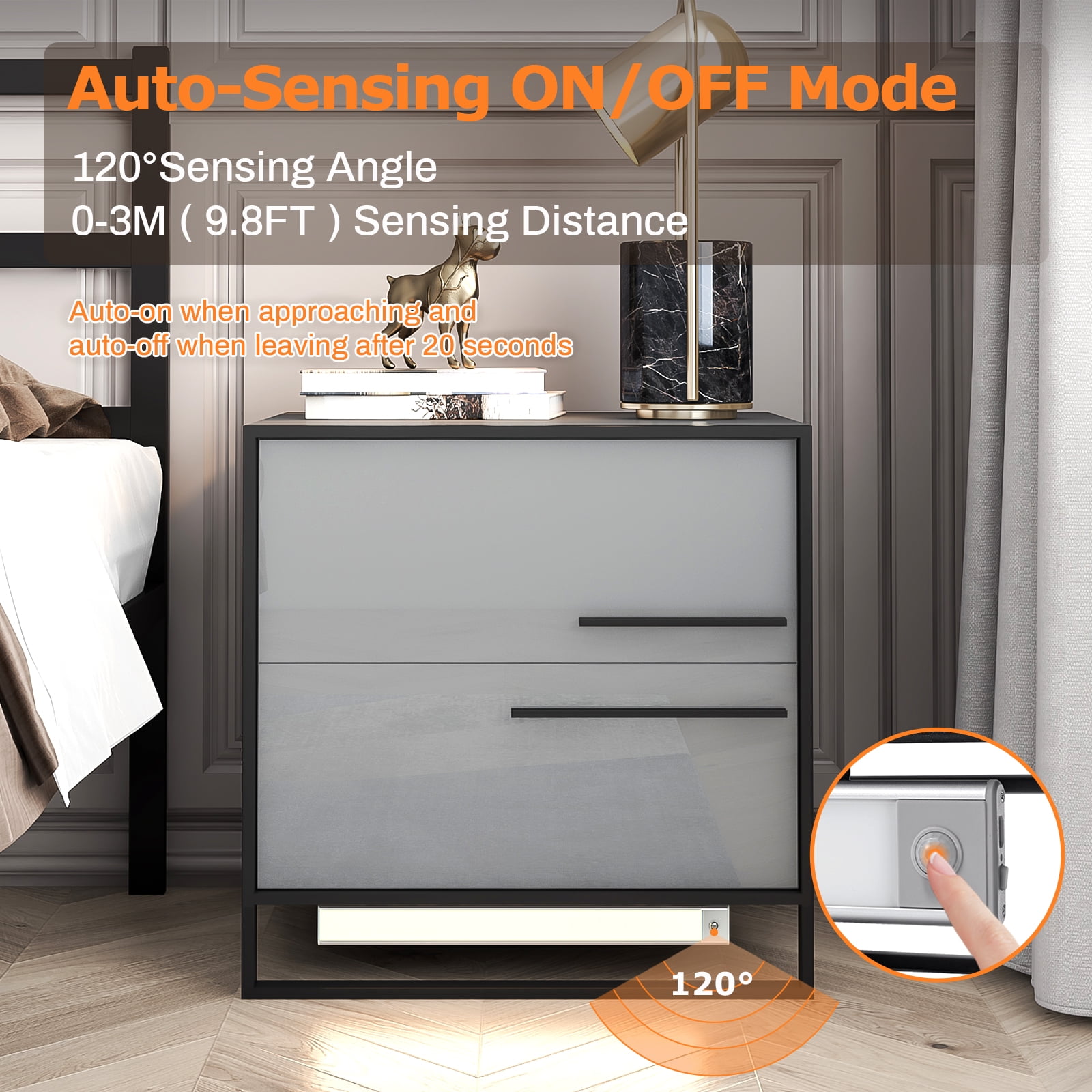 Hommpa LED Nightstand 2 Drawer Modern Bedside Table 3 Color Led Light Magnetic Auto Wireless Infrared Sensing Adjustable Brightness Gray Smart Night Stand with Metal Frame Side Table for Bedroom