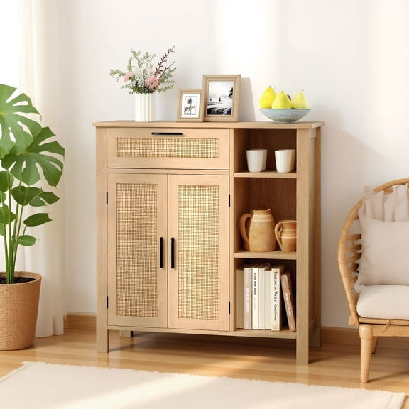 Resenkos Boho Buffet Sideboard Storage Cabinet, Rattan Woven Door Cabinet with Drawer for Kitchen, Living Room, Natural