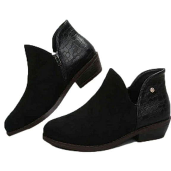 Jsaierl Women's Western Ankle Boot V Cut Back Zipper Booties Pointed Toe Chunky Block Mid Heel Stacked Mid Heel Ankle Boots Cowboy Bootie