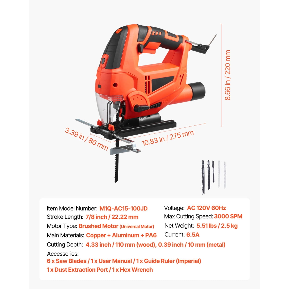 ZHICHUN 6.5 Amp Electric Jig Saw 3000 SPM with 6 Blades LED Light 6 Variable Speed 0-45 ° Bevel Cut & 4 Orbital Settings for Wood Metal Cutting