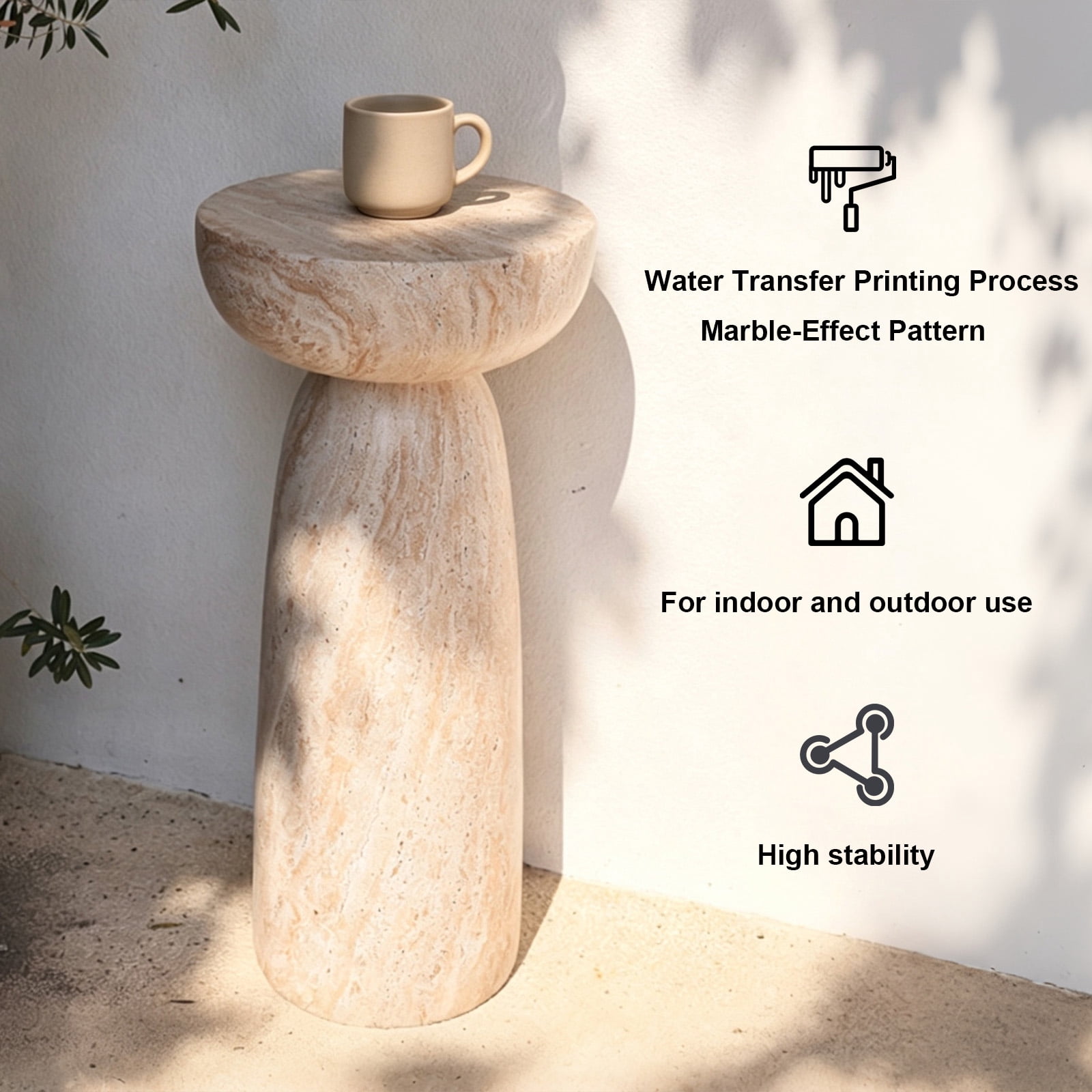 Side Table with Mushroom Shape and Natural Stone Grain, Waterproof Patio End Table and Accent Table for Balcony Yard Hallway, Beige White