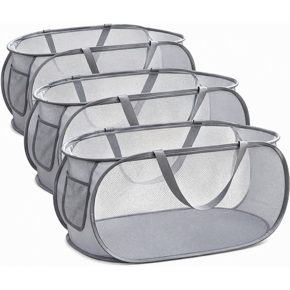 3 Pack Pop Up Mesh Laundry Baskets, Gray Collapsible Dirty Clothes Hamper, Large Capacity Breathable Mesh Storage Bin for Bathroom, Dorm, Bedroom