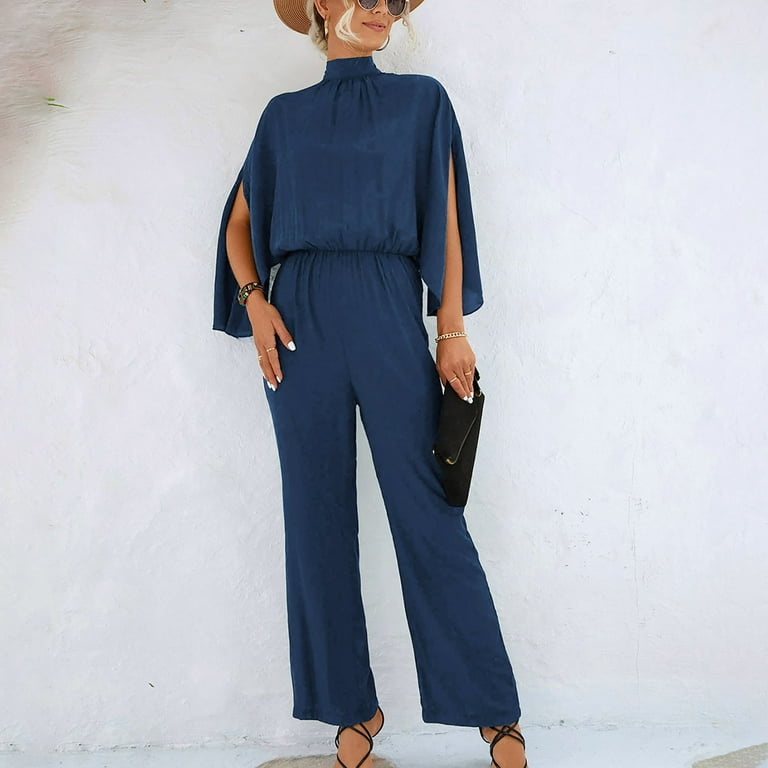 PMUYBHF Red Jumpsuits for Women Dressy Petite Women s Jumpsuit Elegant 3 4 Sleeve Batwing Sleeve Turtleneck Jumpsuit Wedding Festive Long Jumpsuit Fall Jumpsuit White Long Sleeve Romper for Women Walm...