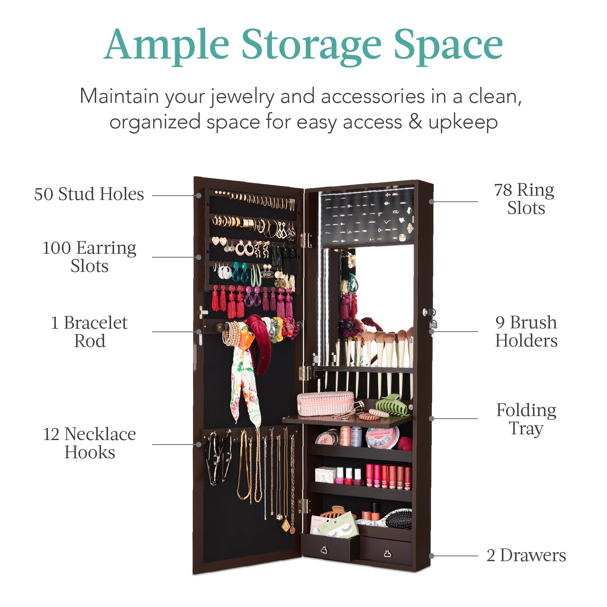 Best Choice Products Hanging Mirror Jewelry Armoire, Door or Wall Mounted Cabinet w/ LED Lights, Lock - Espresso