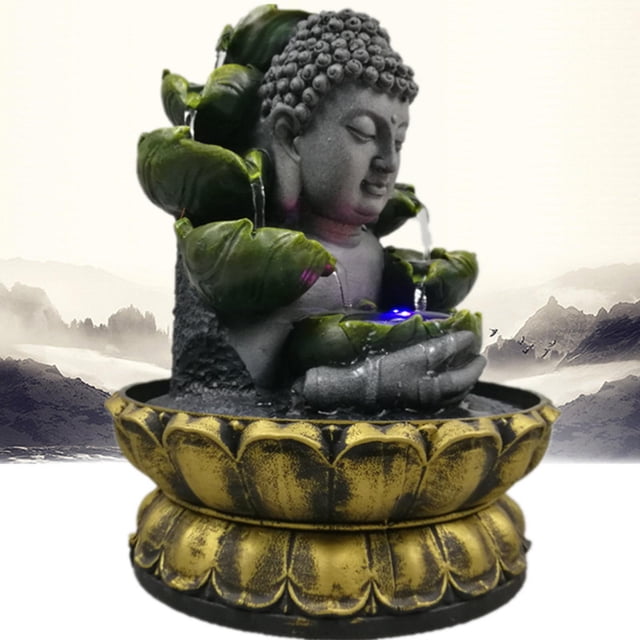 Fuente de de Buda para exteriores, luces LED para interiores, escritorio, , Feng Shui, paisaje de cascada, decoración decorativa de oro perfecl Fuente de la mesa de Buda