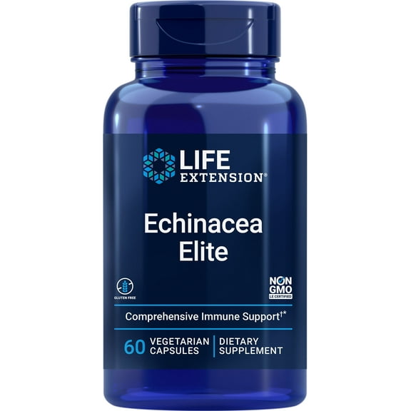 Life Extension Echinacea Elite, E. purpurea, E. angustifolia, whole-plant extract, immune support, dual-extracts, standardized formula, gluten free, non-GMO, vegetarian, 60 capsules