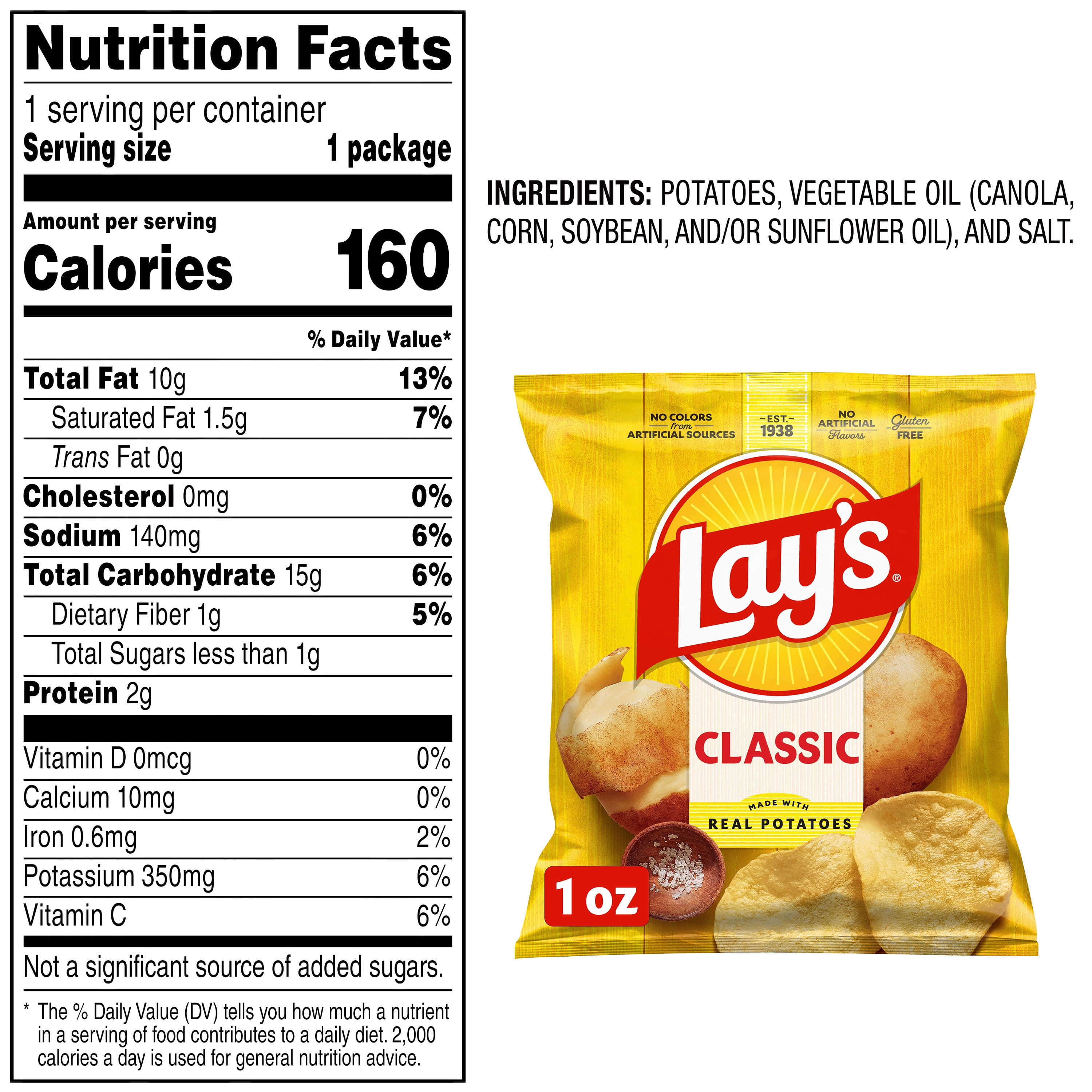 Lay's Potato Chips, Classic, 1 oz Bags, 40 Count