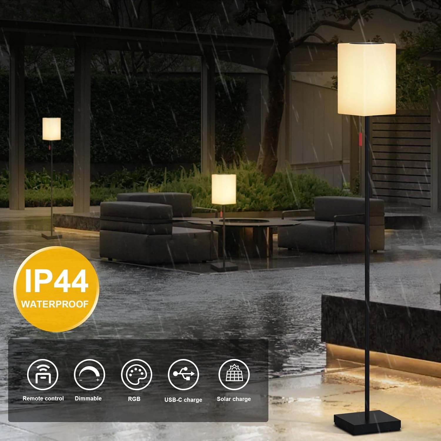 Postlucky 59" Solar LED Floor Lamp Dimmable with Remote Control, RGB Color, USB Charging, Cuboid Shade