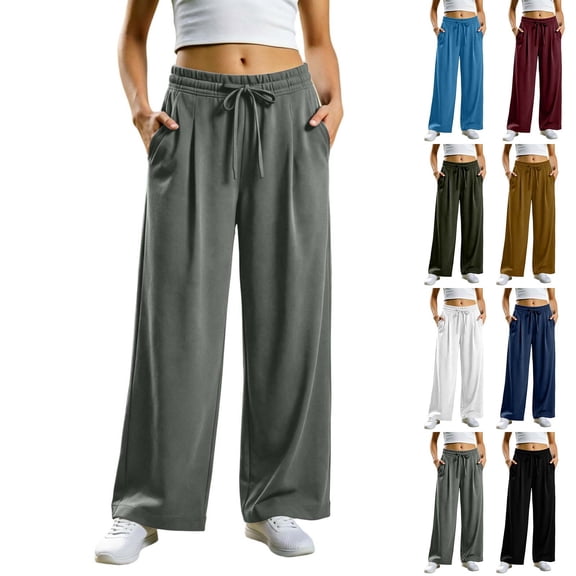 Tqcoqu Women's Wide Leg High Waist Sweatpants,Drawstring Elastic Solid Loose Casual Athletic Long Pants with Side Pockets