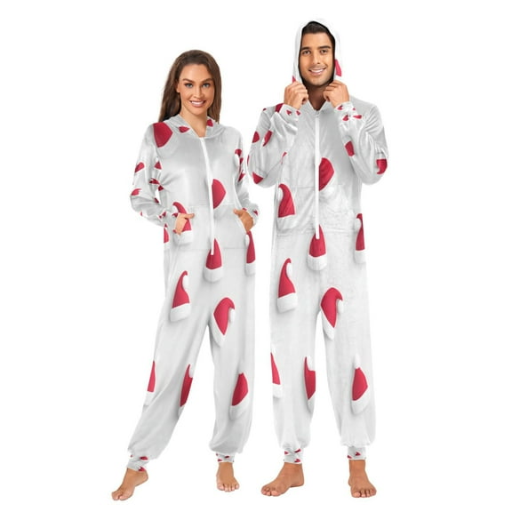 1 Piece Adult Onesie Pajamas Cozy & Loose-Fit Sleepsuit Loungewear with Pockets Red Santa Claus Pattern X-Small