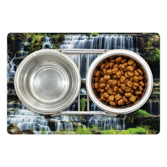 Rainforest Pet Mat for Food and Water, Waterfall in the Middle of Tropical Jungle Natural Scenery Countryside Style, Non-Slip Rubber Mat for Dogs and Cats, 18" X 12", by Ambesonne