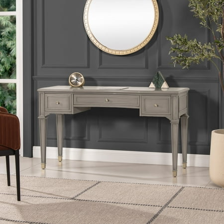 JTH LUXE Dauphin 55" 3-Drawer Wood Executive Desk, Grey Cashmere Rubber Wood & Veneer