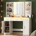 thumbnail image 3 of Homieasy Vanity Desk, Makeup Vanity Desk with Mirror and Lights 3 Colors, Transparent Top with 3 Drawers, 6 Shelves, 2 Large Tempered Cabinets, Power Outlet, for Bedroom, White, 3 of 7