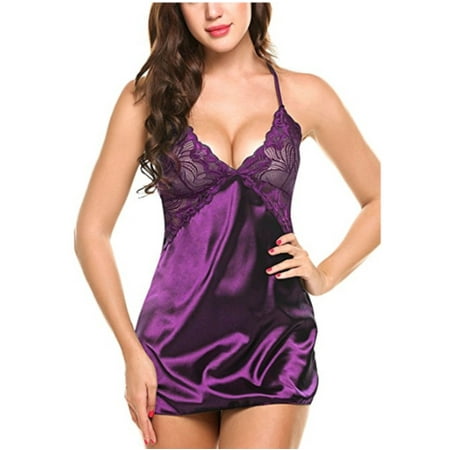 Womens Lingerie Strap Lace Satin Nightgown V-Neck Comfy Lounge Dress Sexy Nighty for Women