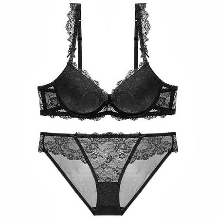 Bigersell Womens Padded Bras Trendy Women s Embroidered Lace Push up Bra Thong Set Daily Bra Plus Size Bra Style F-736 Black XL