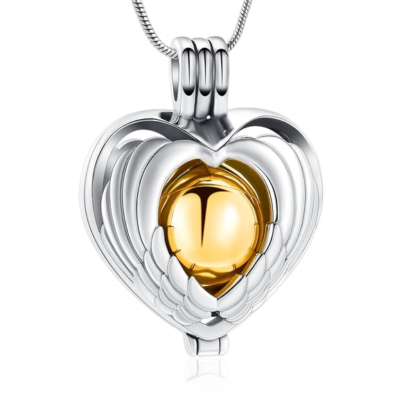 Hollow Angel Wings Urn Necklace for Ashes Heart Shape Pendant Cremation Jewelry Gift for Women With Small Ball Mini Keepsake for Women / Men