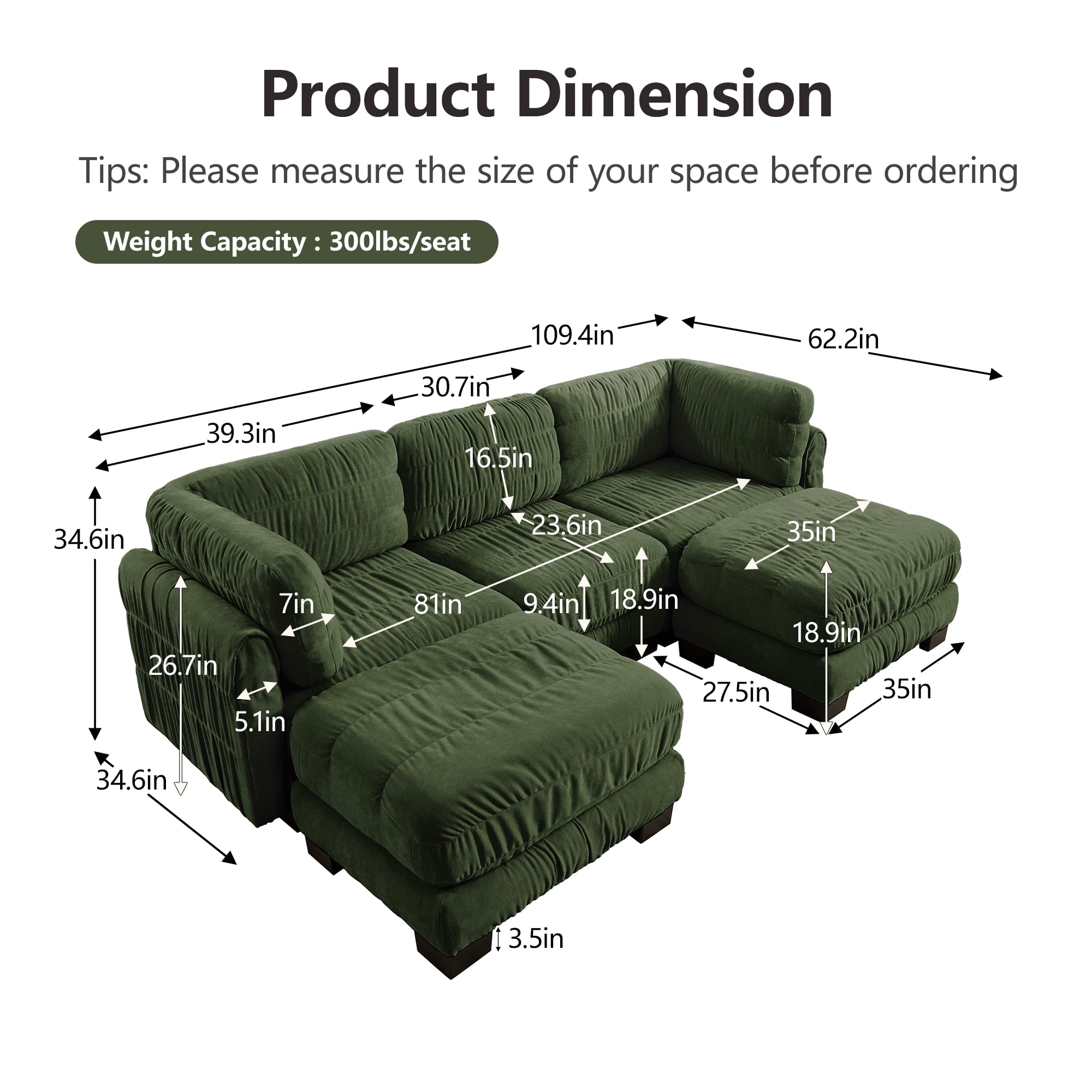109" U Shape 3 Seat Chenille Modular Sectional Sofa with 2 Movable Ottomans and L Shape Back Cushions