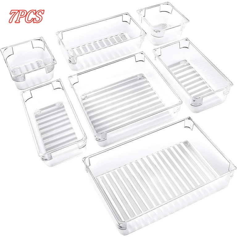 Seenda Clear Plastic Vanity and Desk Drawer Organizers Office Storage Drawer Divider Bin Tray 7 Piece Set, Size: 1XL