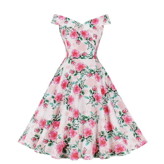 JINMGG 2023 Summer Clearance Dresses under $10.00 Women's Summer Dresses for Women Beach Floral Print Off The Shoulder Knee-length Swing Dress
