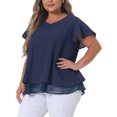 thumbnail image 4 of Agnes Orinda Women's Plus Size Chiffon Top Ruffle Short Sleeves V Neck Double Layered Hem Casual Blouses 3X Navy Blue, 4 of 4