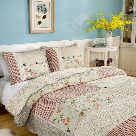 vctops Cotton Patchwork Quilt Set Queen Size, Reversible Quilt Bedding Set 3 Pieces, Floral Plaid Lightweight Quilted Bedspreads, Soft Bed Coverlet with 2 Pillow Shams for All Seasons (Red,Queen)