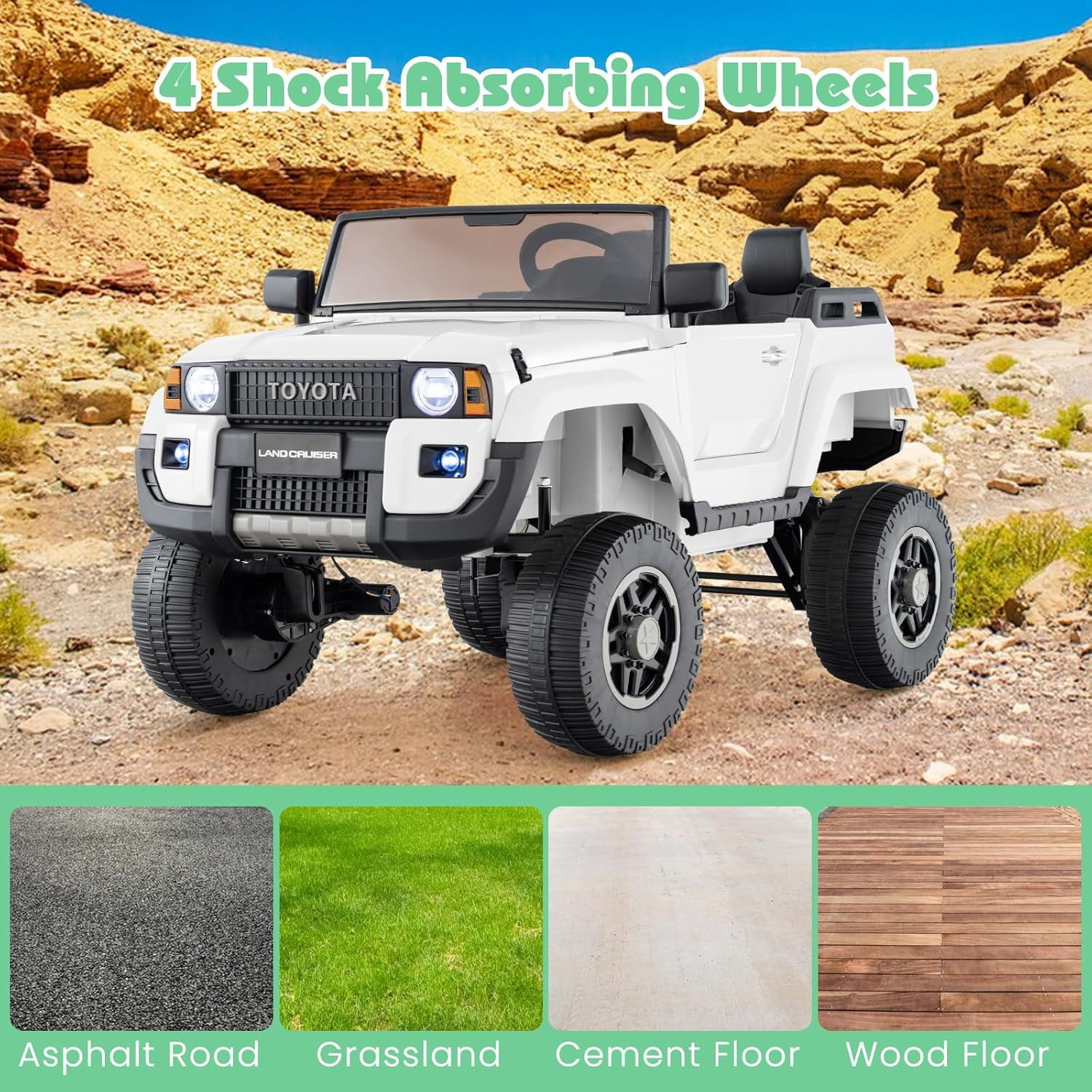 Licensed Toyota LC250 24V 2 Seater Ride on Truck by OLAKIDS, 2WD/4WD Battery Powered Vehicle with Remote Control, 3 Speeds, Music, Lights, Kids Electric Car for 3+ Boys Girls