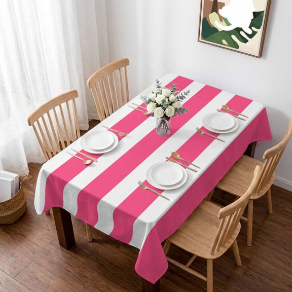 Pink Striped Table Cloth Waterproof Tablecloths, Modern Simple Monochrome Geometric White Tablecloth Dining Table Cover for Kitchen Party Tabletop Outdoor, Rectangle Tablecloth 60x102 Inch