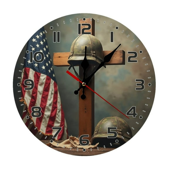 Military Cross American Flag Wall Clock 10 Inch Silent Non Ticking Round Wooden Clock Decoration for Living Room Kitchen Bedroom Bathroom Office Classroom