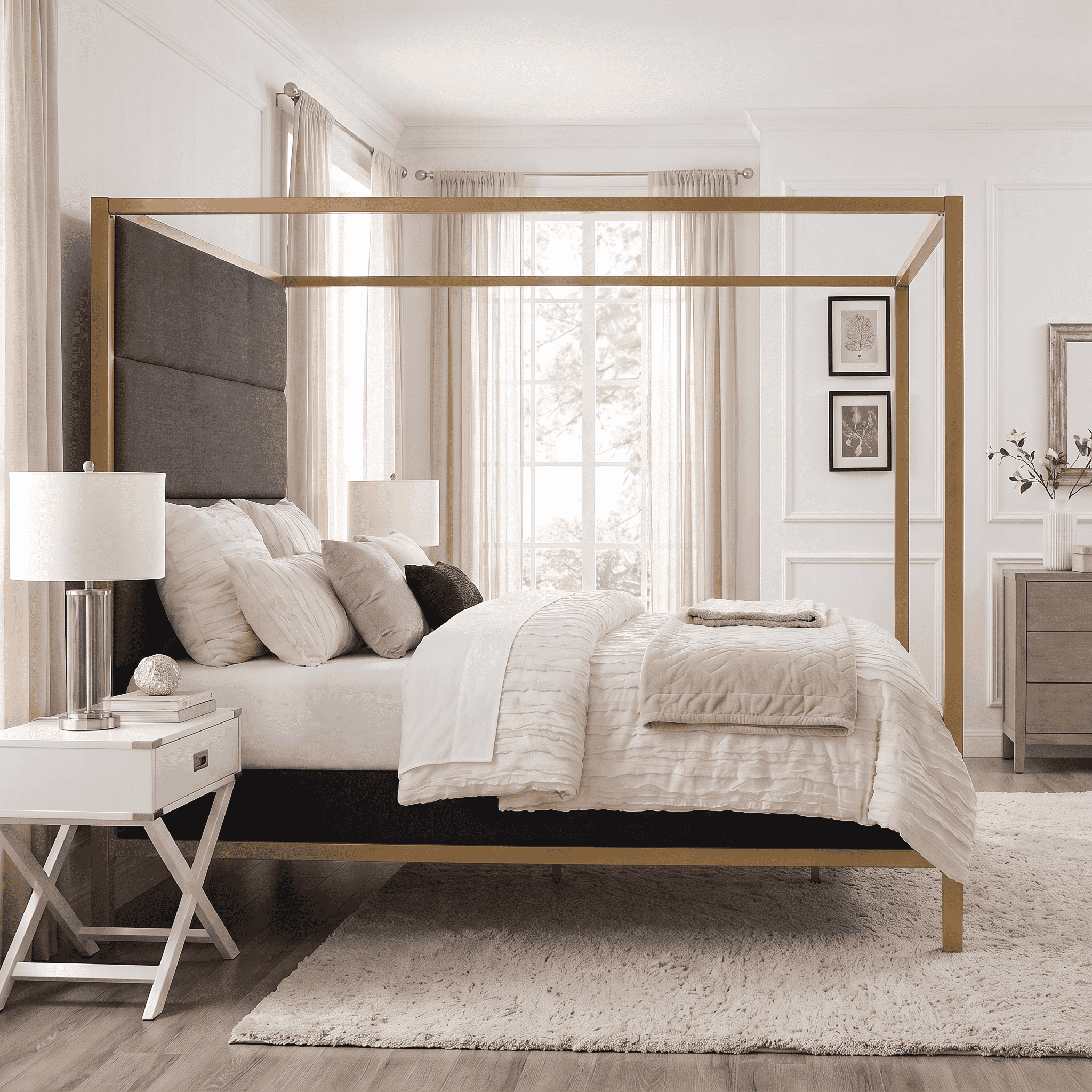 Euroco Metal Queen Size Canopy Bed with Linen Fabric Upholstered Headboard, 4-Poster Platform Bed, No Box Spring Needed, Gold
