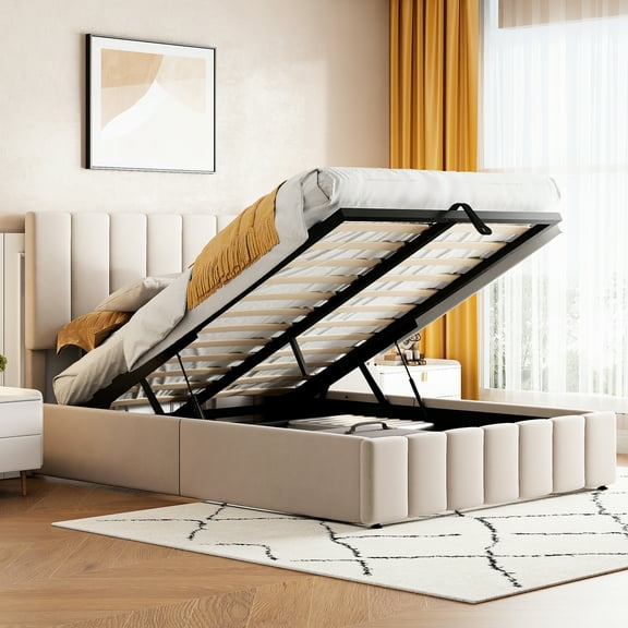 Hydraulic Storage Bed In Alluring Beige Upholstery Upholstered Platform With Convenient