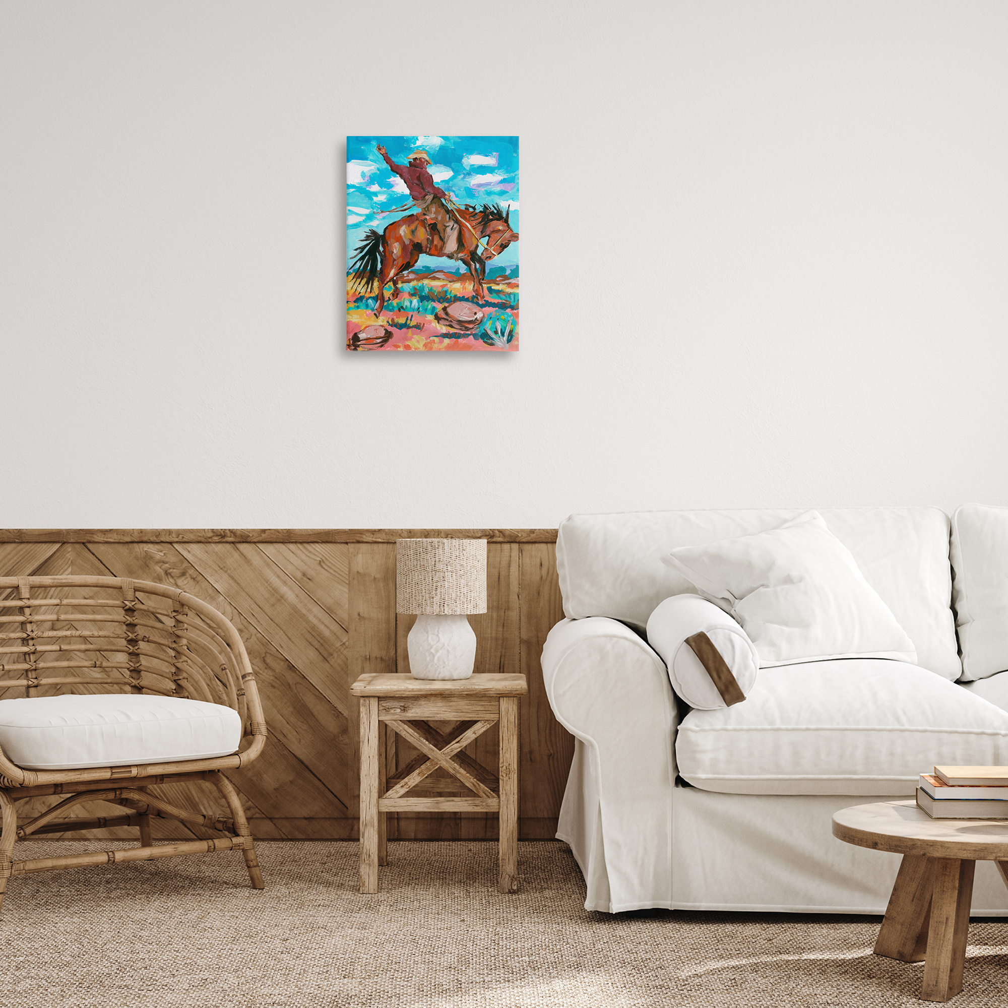 Stupell Industries Cowboy on Rearing Horse Animals Painting Wrapped Canvas Art Print Wall Art, 16 x 20