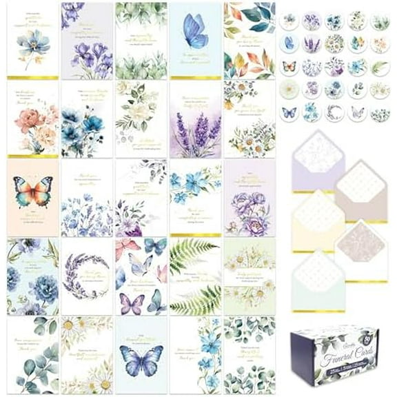 50 Pack Gold Foiled 4x6in Thank You Cards for Funeral with Envelopes and Stickers, 25 Floral & Butterfly Designs Sympathy Thank You Cards with Envelopes with Printed Message Inside