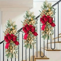 Christmas Hanging Decor Christmas Wreath Upside Down Staircase Door Hanging Christmas Flocked Snow Hanging Ornament Bow Decoration Outdoor Decor