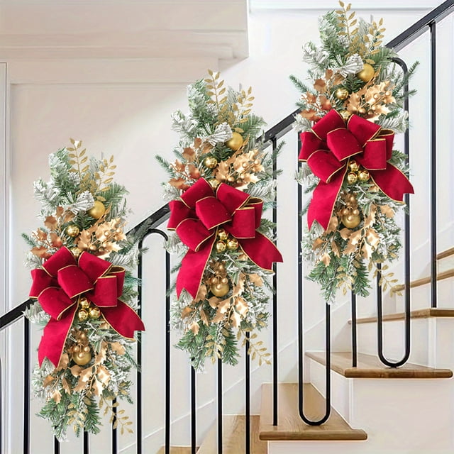 Adornos navideños, adornos navideños, regalos navideños, corona navideña, escalera invertida, puerta, colgante, adorno navideño de nieve flocada, lazo, decoración, corona colgante de plástico