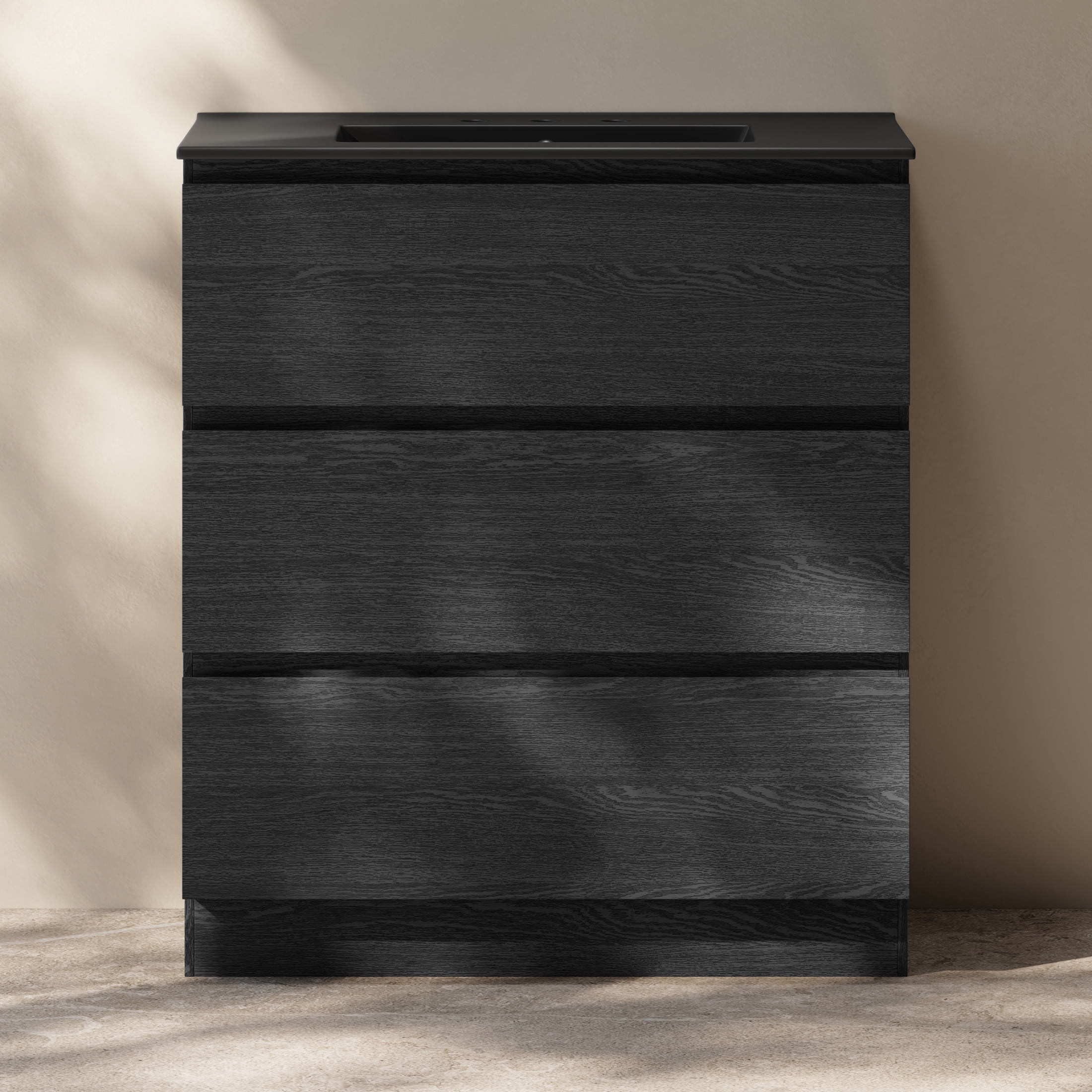 Liberte 30" Freestanding Bathroom Vanity in Black Oak with Black 3-Hole Widespread Sink Top