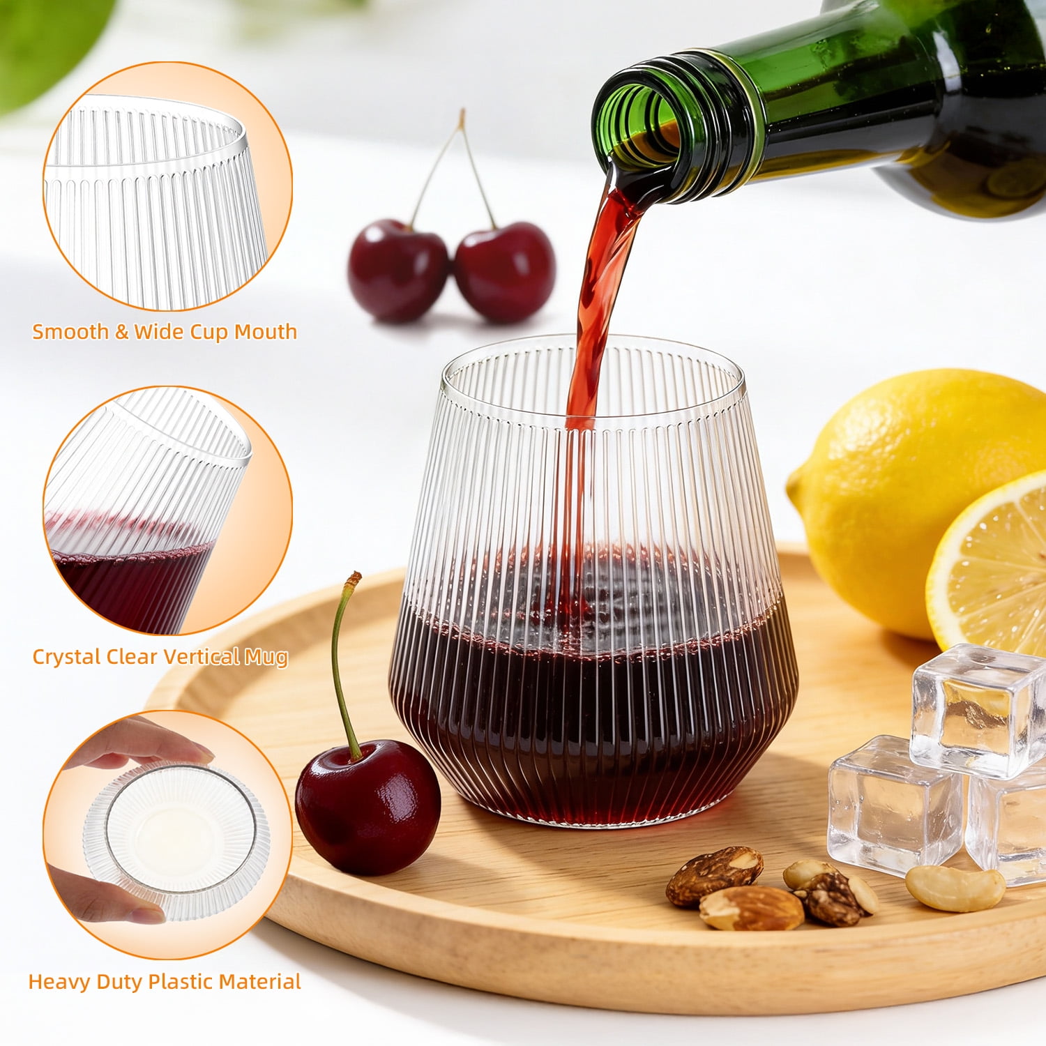 TINANA 12 oz Clear Ribbed Plastic Wine Glasses, 24 PCS Stemless Origami Ripple Disposable Champagne and Whiskey Glasses, Reusable Drinkware for Weddings & Parties