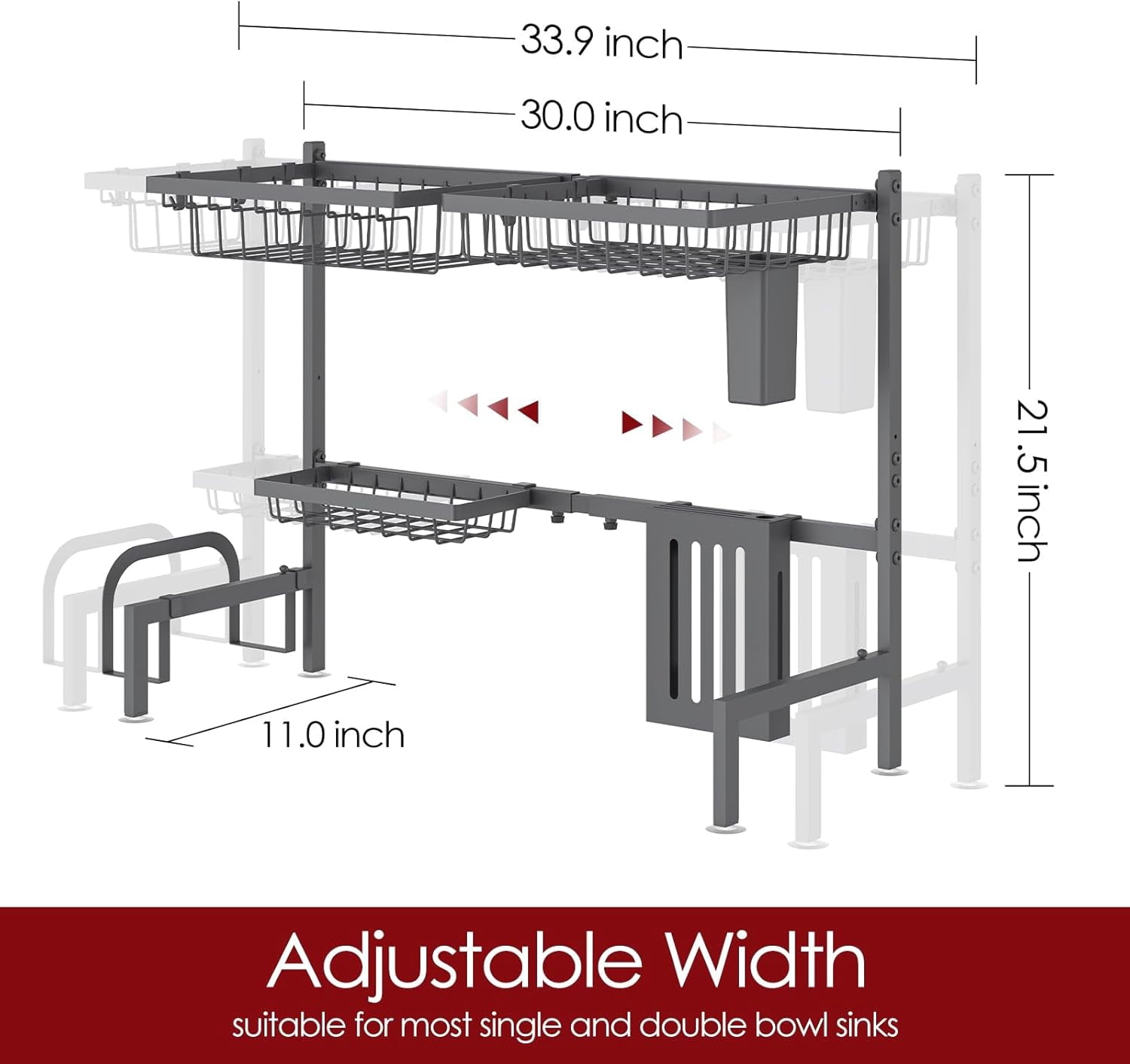 Over The Sink Dish Drying Rack - Adjustable Capacity Stainless Steel Drainer with Cutlery & Utensil Holders, Kitchen Storage & Organization