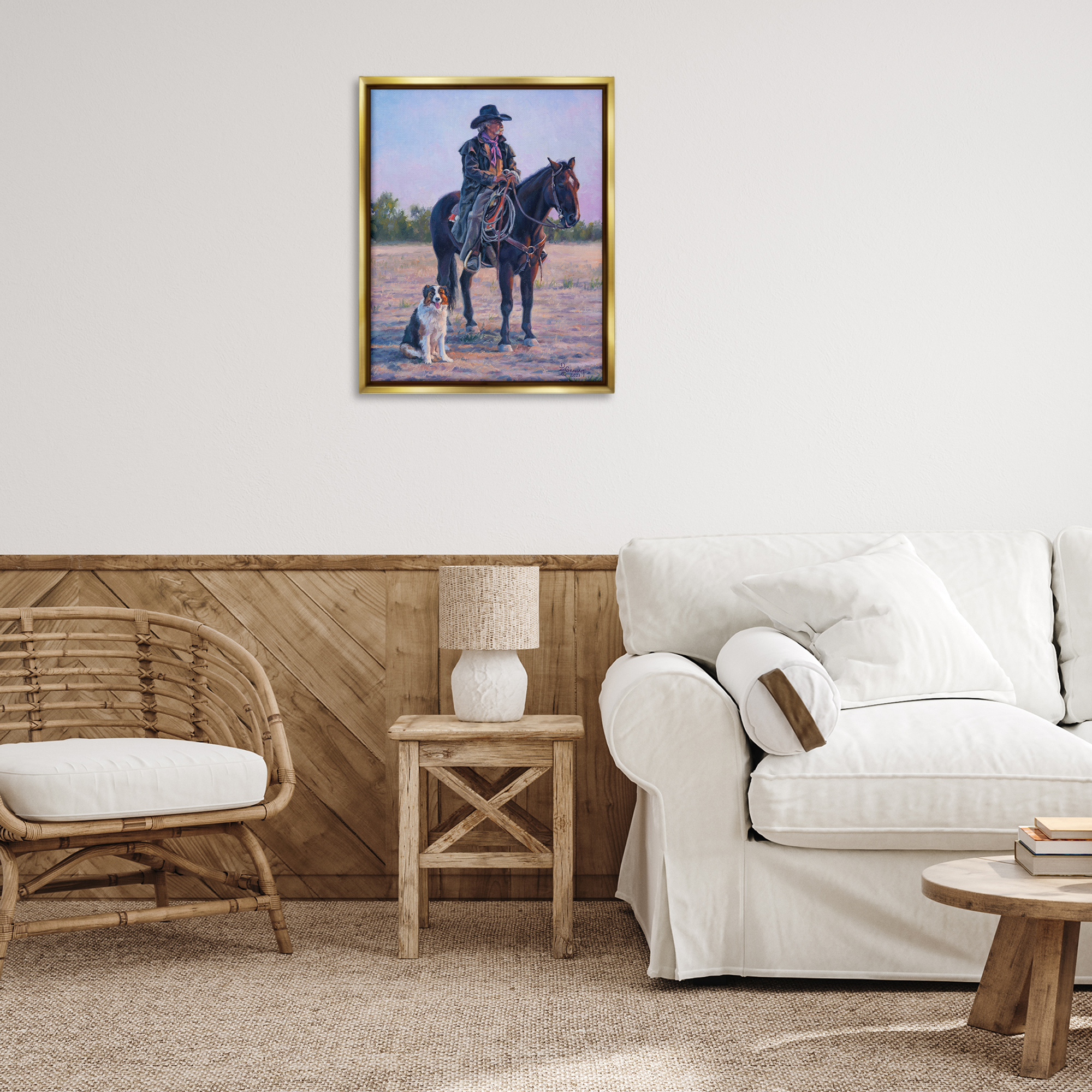 Stupell Industries Old Timers Cowboy Animals & Insects Painting Gold Floater Framed Canvas Art Print Wall Art, 25 x 31