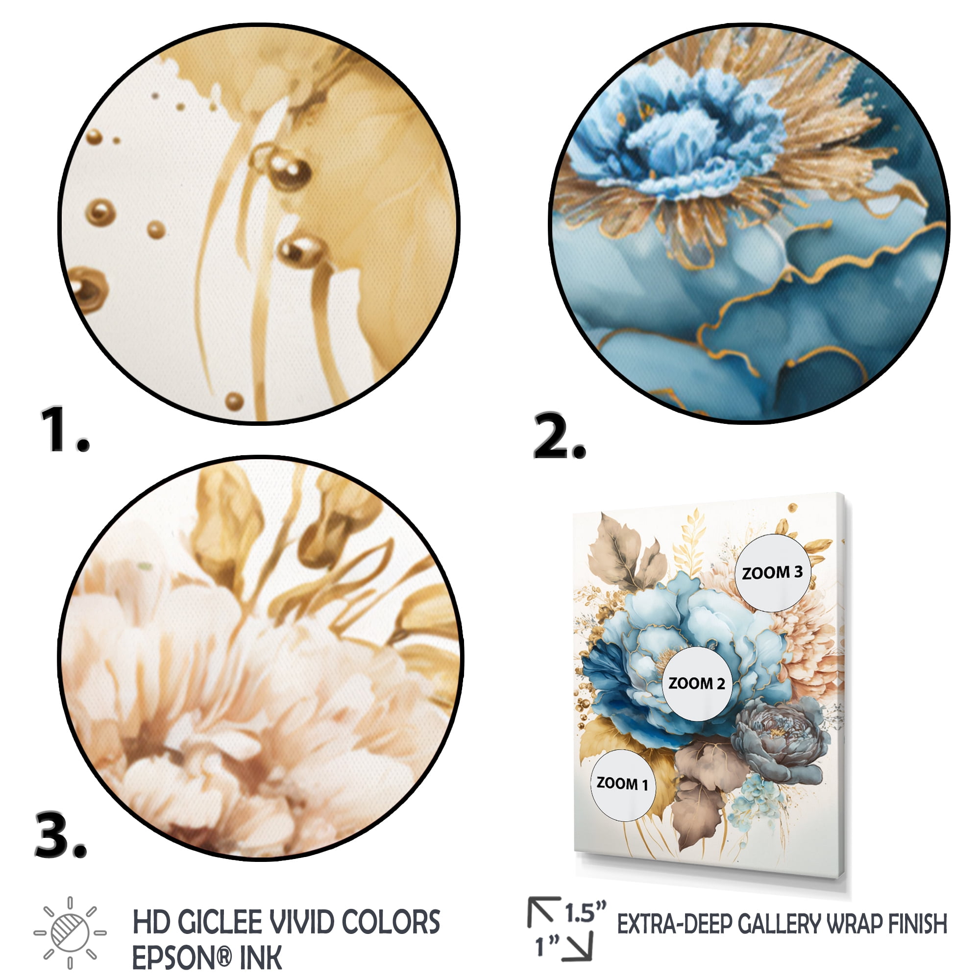 Designart Golden Blue Flower Arrangement III Canvas Wall Art