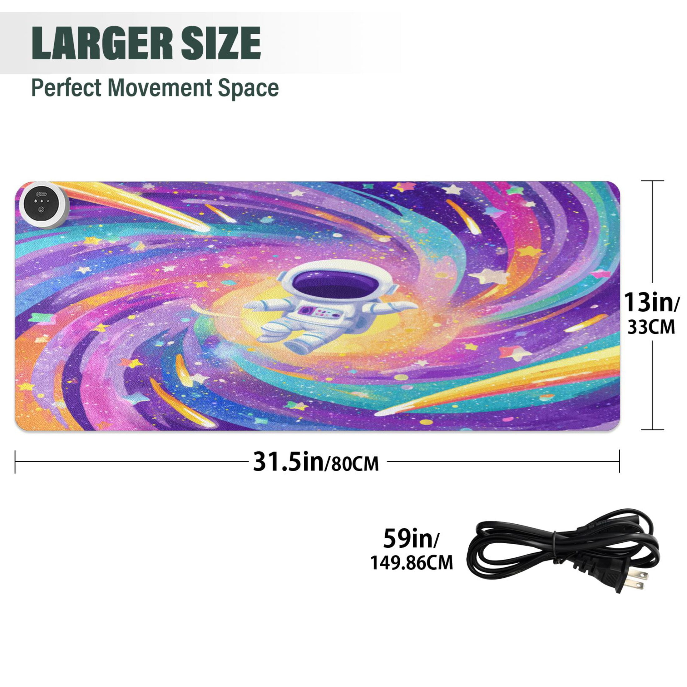 Large Heated Desk Mat Mouse Pad 31.5"x13"PU Leather Graphene Heating Desk Warmer with 3 Temperature Settings 110V US Plug Non-Slip Warm Pad for Home, Office, and Gaming Rainbow Galaxy Astronaut Art